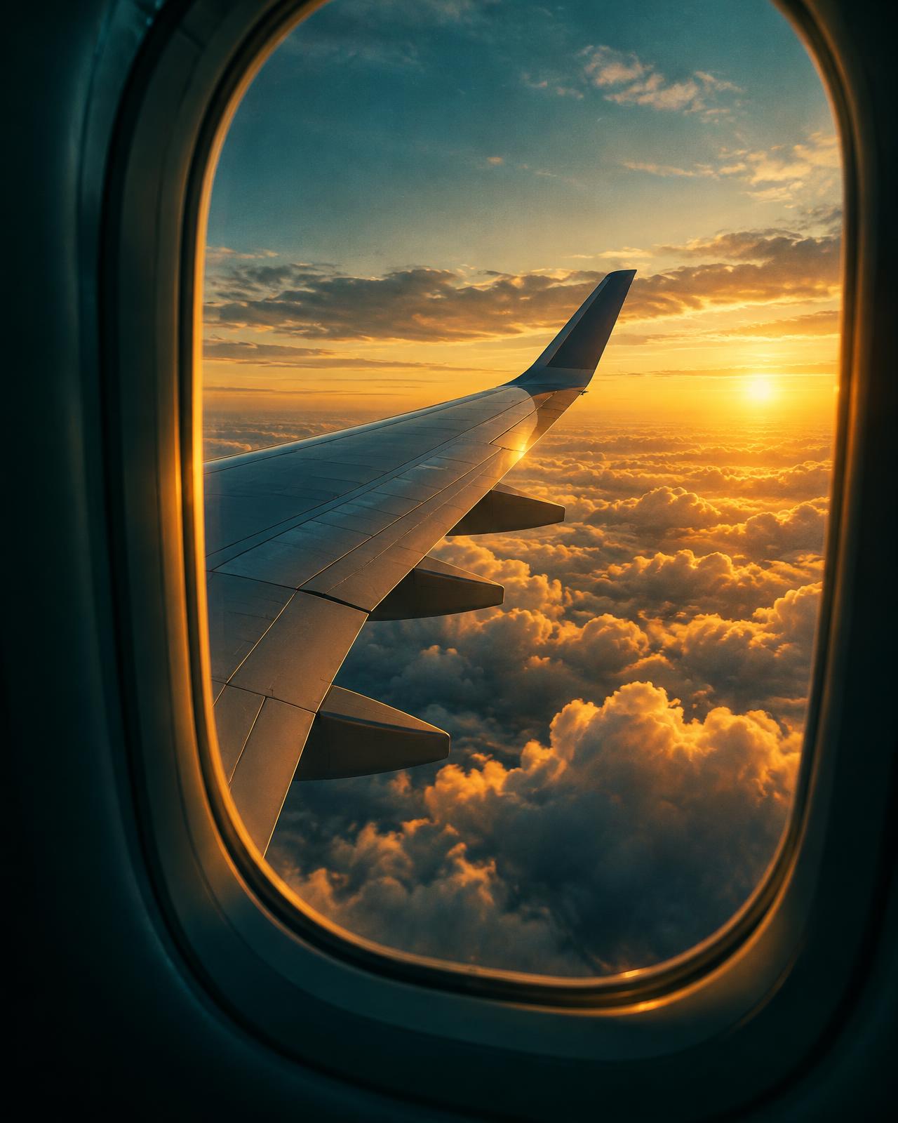 Asa do avião vista pela janela em um voo ao pôr do sol dourado