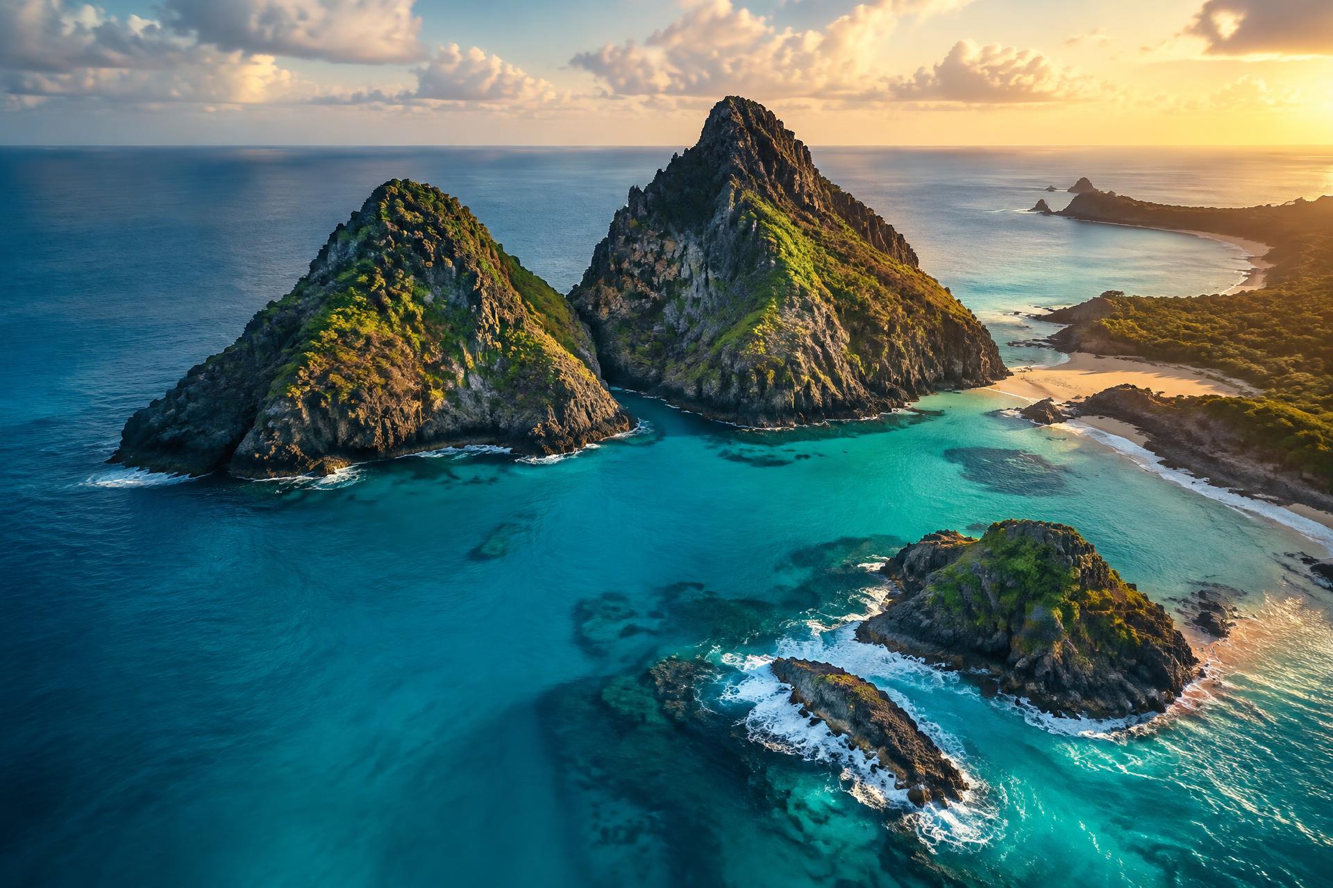 Vista aérea de Fernando de Noronha com o Morro Dois Irmãos e mar turquesa